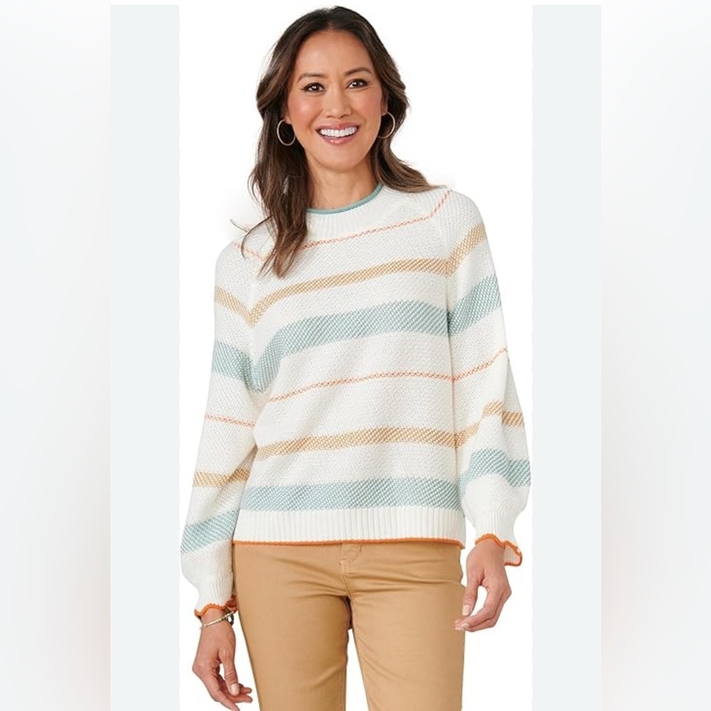 Democracy Cream and Blue Knit Sweater Size L Classic Casual Closet Staple Preppy